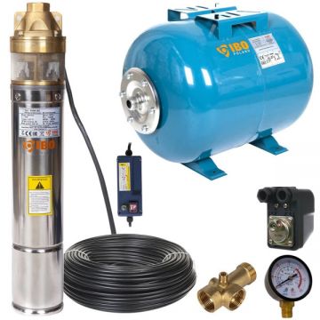 Kit hidrofor 24L cu pompa submersibila IBO Polonia 4SKM150 cu panou control, 1100W, debit 50l/min, H refulare 107m, 20m cablu
